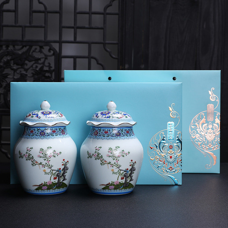 鸟语花香将军茶叶罐陶瓷存茶储物普洱青花密封包装茶叶罐