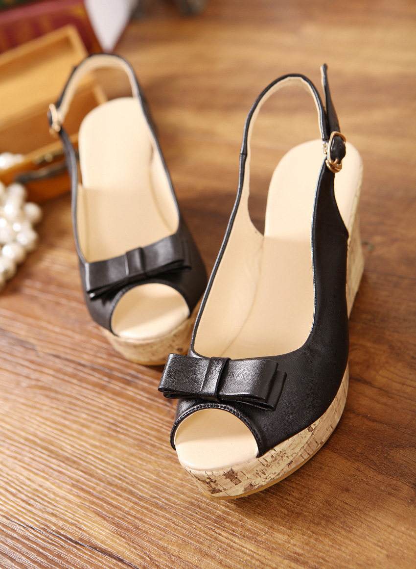 2019夏季新款坡跟高跟蝴蝶结凉鞋大码鞋40-42码小码鱼嘴鞋31-33码