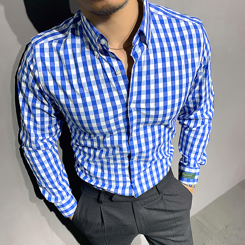 辉先生新款衬衫男士长袖格子衬衣纯棉修身韩版格纹商务休闲正装