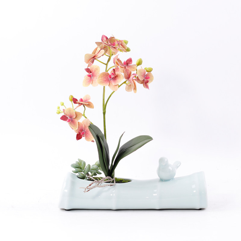 新中式现代茶室板房间软样板台面餐桌花艺蝴蝶兰花瓶