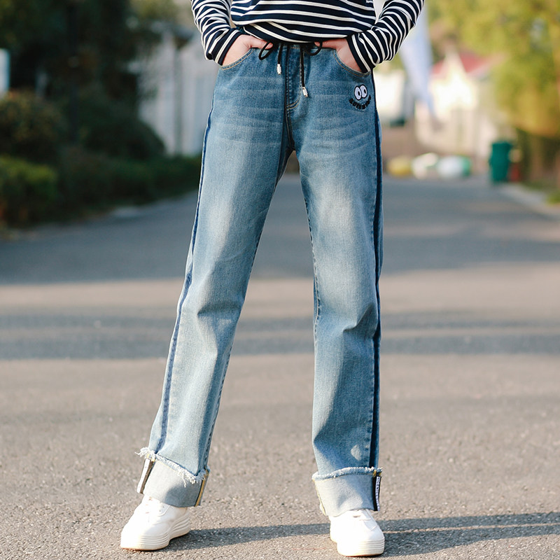 松紧腰阔腿牛仔裤中学生韩版宽松直筒少女休闲百搭初中生春装裤子