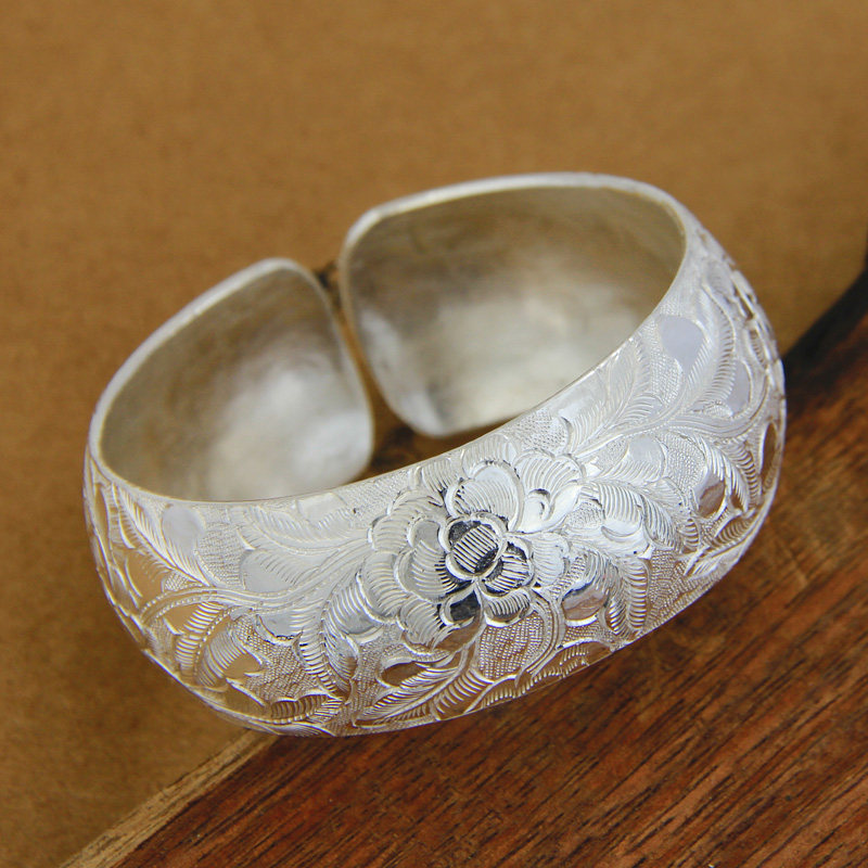 手镯牡丹原创手工纯银云南雪花银宽面足镯子手镯