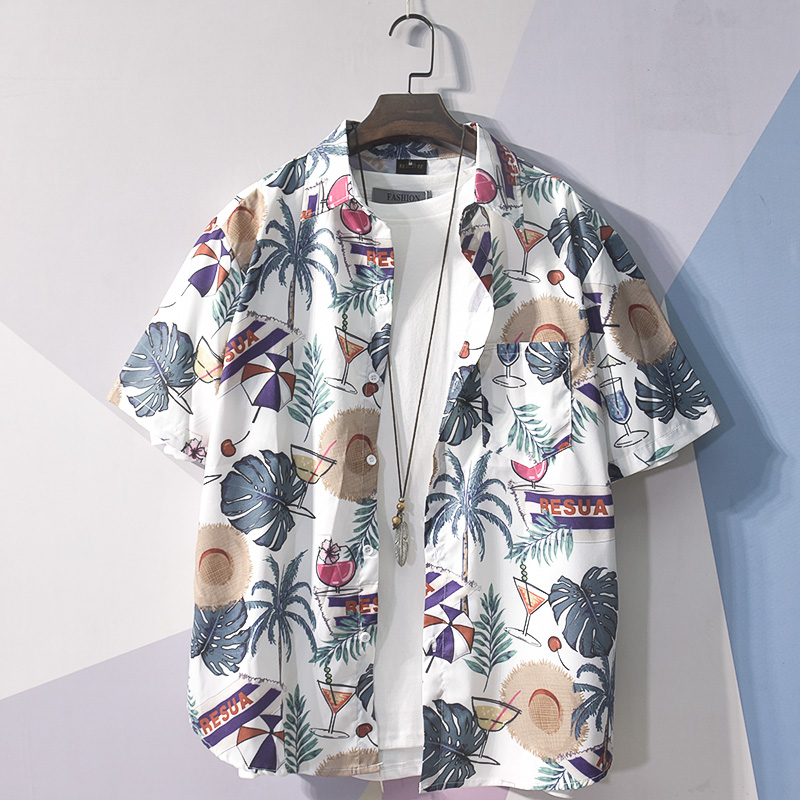 轻熟港风夏季vintage碎花短袖衬衫男休闲日系夏威夷沙滩痞帅衬衣