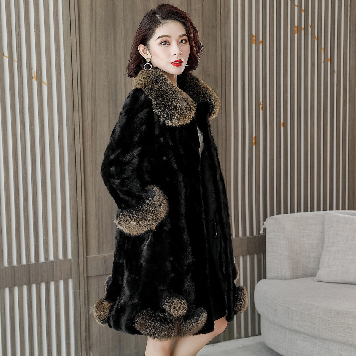 新款2021狐狸毛领水貂皮草外套女中中长貂皮皮草