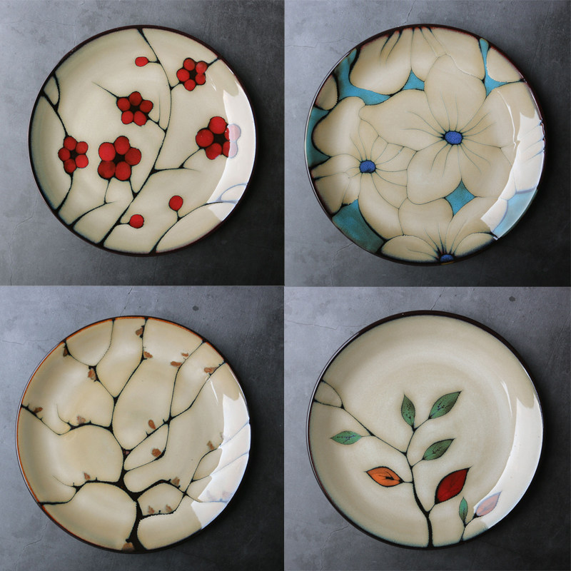 盘子日式窑变个性手绘陶瓷圆形碟子家用平盘盘