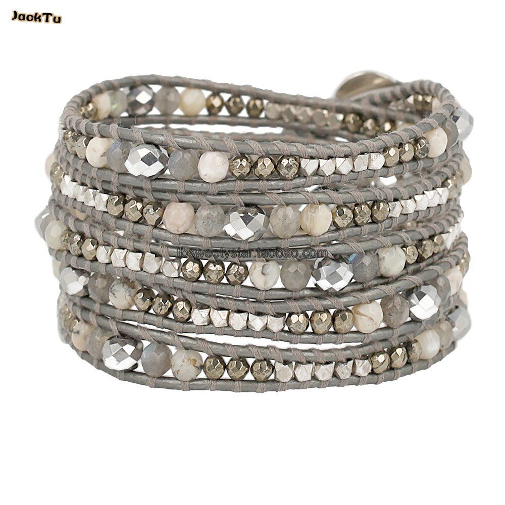 手链jtjacktu黄铁矿拉长长石银珠水晶银灰色皮绳典雅手链