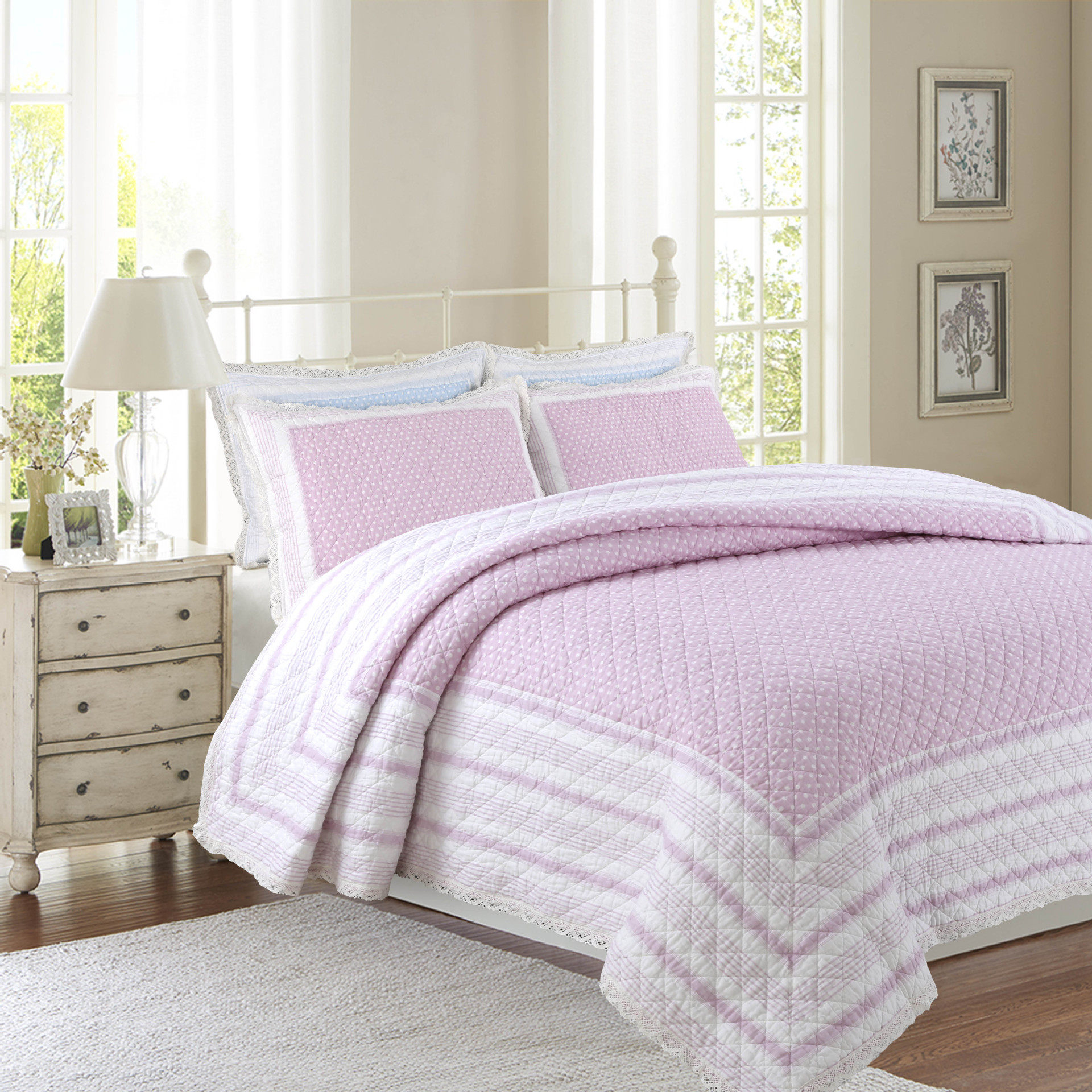 床盖单件纯棉绗缝被夹棉四季全棉韩式花边波点衍缝被三件套夏凉被