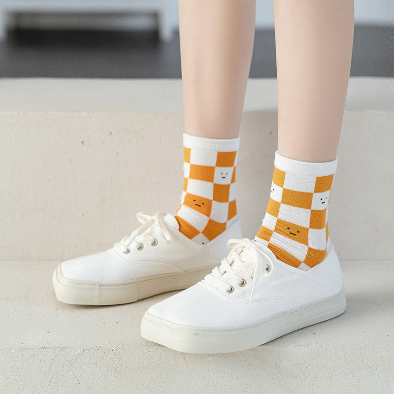 黄色小白鞋袜子风士学院橘子少女鞋袜小白日系中筒袜