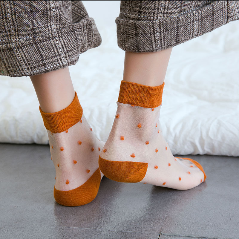 网红玻璃丝凉鞋袜子女ins潮夏波点防晒中筒筒袜中筒袜