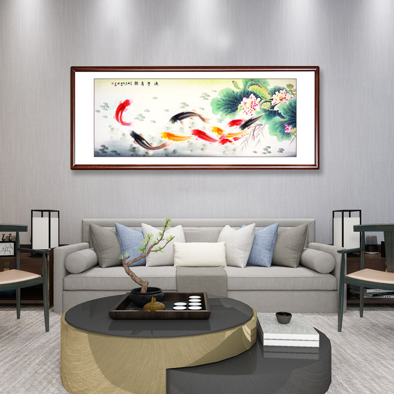 九鱼客厅装饰画风水招财玄关手绘国画荷花鲤鱼国画