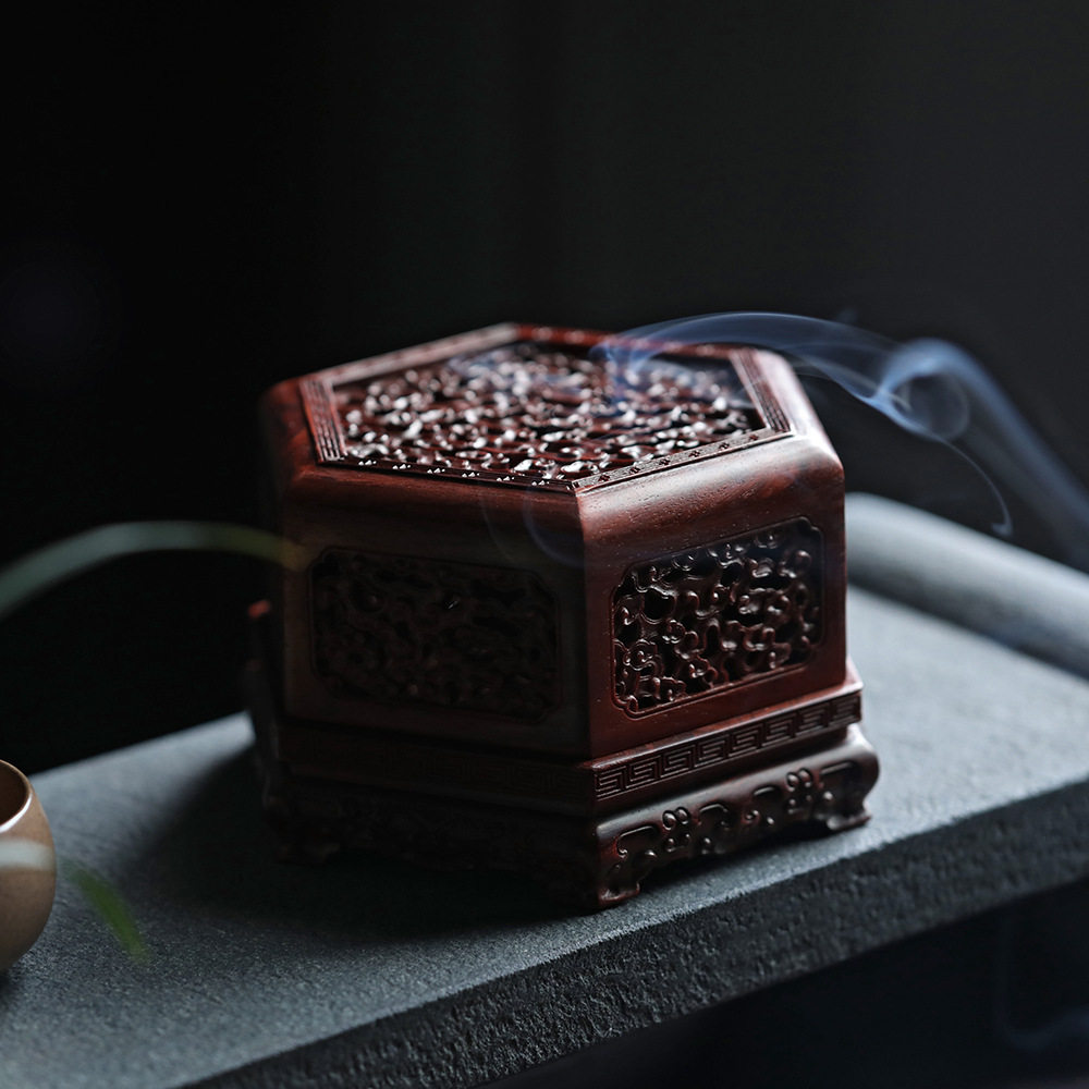 印度小叶紫檀六角祥云盘香香炉香薰炉香道香具摆件