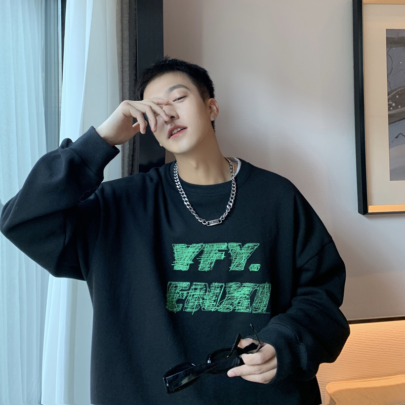 D022春秋撞色字母刺绣圆领卫衣男士套头宽松衣服潮流休闲情侣外套