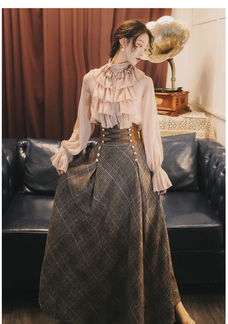 秋冬新款欧式宫廷复古格子半身大摆长裙淑女半身裙