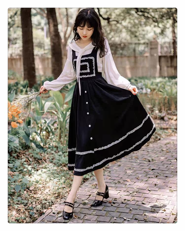 初秋复古白色长袖衬衫文艺学院宽松连衣裙