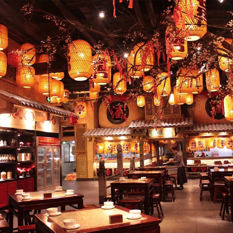 2020年国风店长饭店火锅店油纸红色仿古竹编中国餐厅吊灯