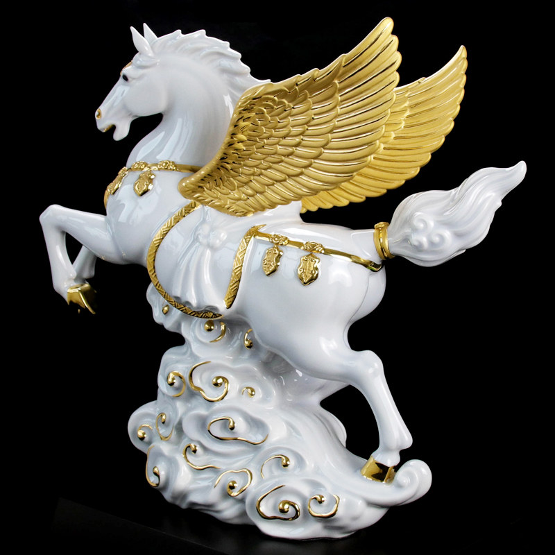 乾唐轩唐彩18寸飞天马金翼陶瓷摆件礼盒创意客厅茶宠摆件