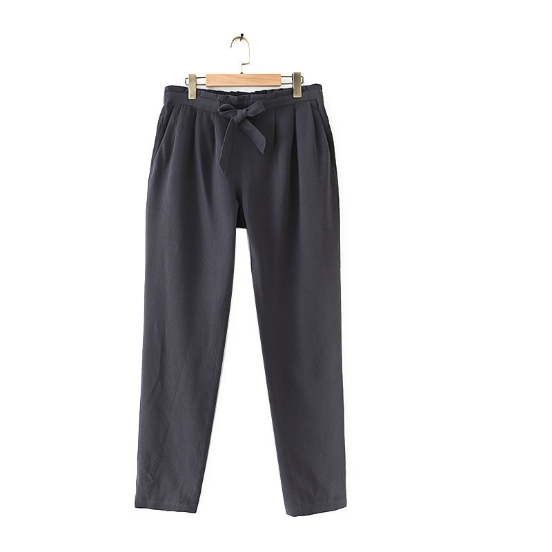 p6韩版休闲裤2019秋季新款半松紧腰系带时尚纯色宽松舒适女士长裤