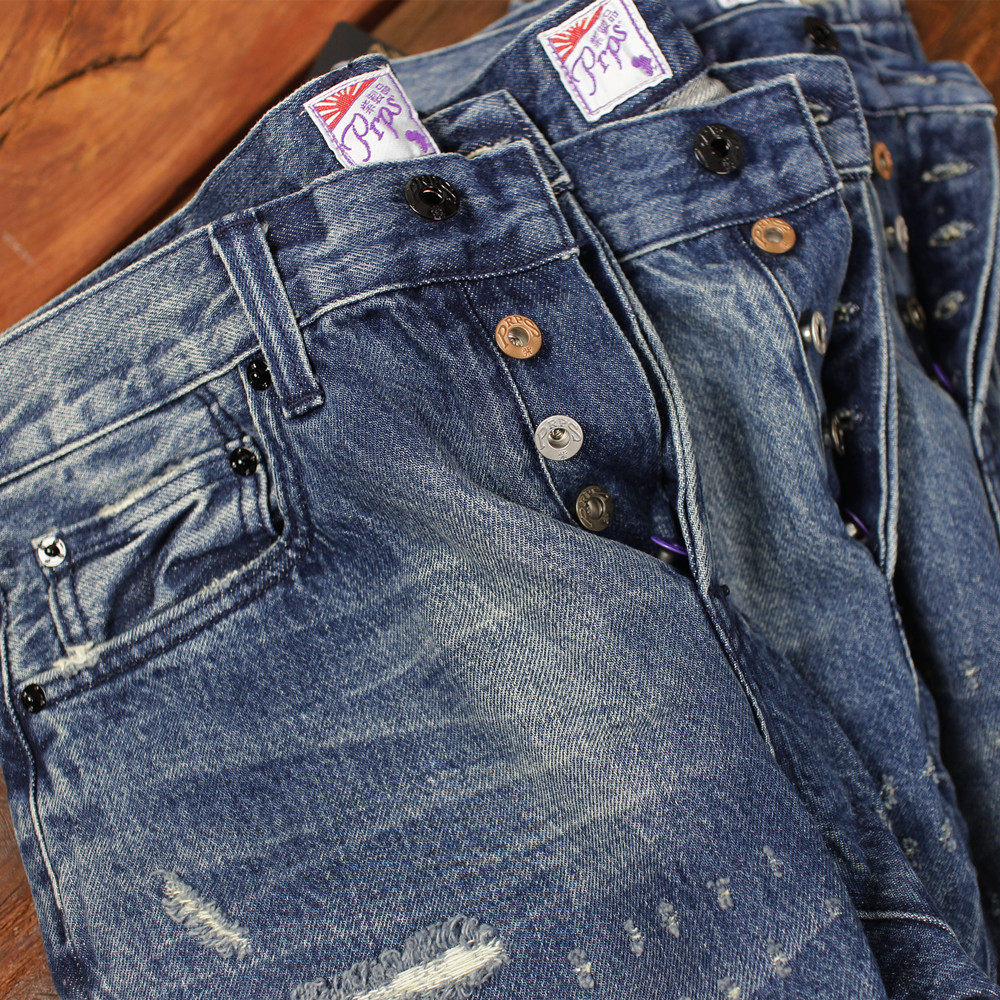 prps春夏五彩钮扣新款蓝色男士中腰水洗破洞牛仔裤