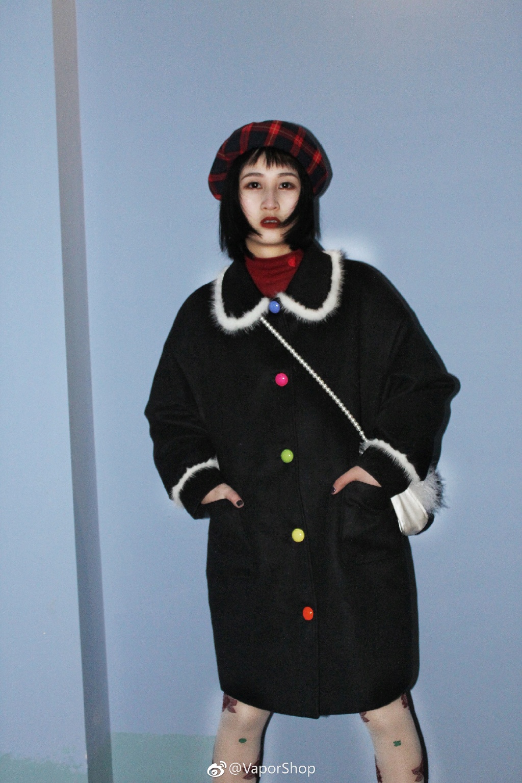 ［VaporShop］原创秋冬少女可爱宽松娃娃领彩色扣子夹棉毛呢大衣