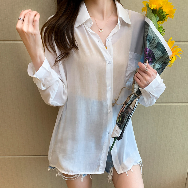 防晒衬衫薄纱夏季薄款珠光2021新款雪纺长袖衬衫