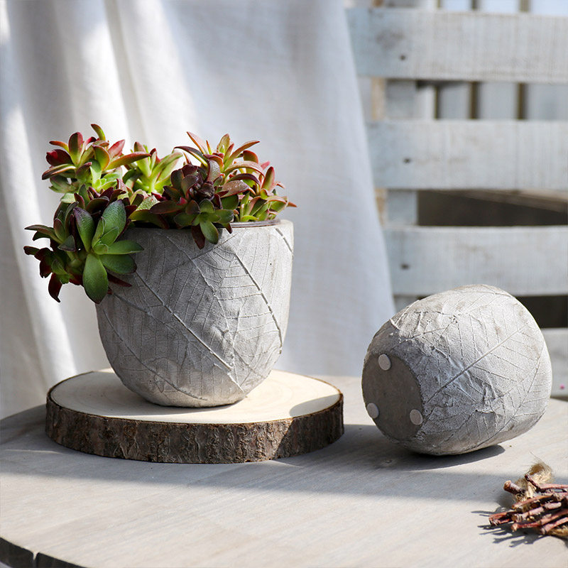 创意水泥花盆多肉植物盆栽简约装饰叶子纹理花盆
