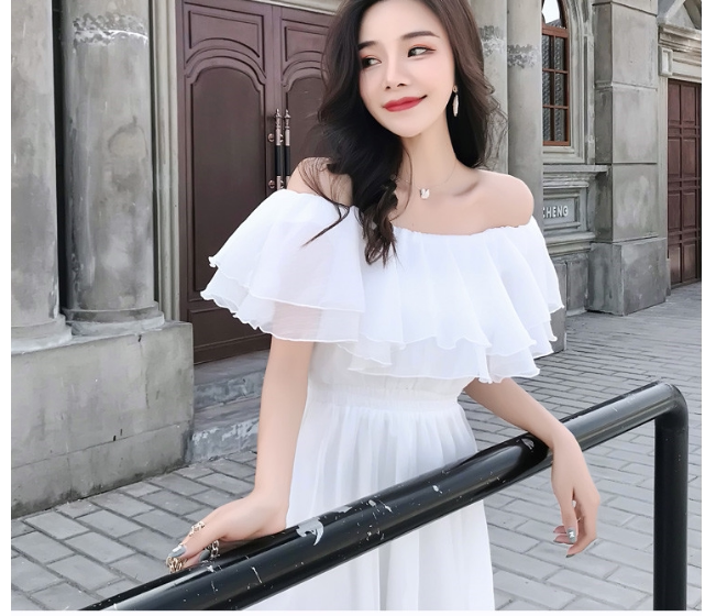 4种穿法2层气质沙滩裙雪纺白色连衣裙女收腰显瘦长裙一字肩公主裙