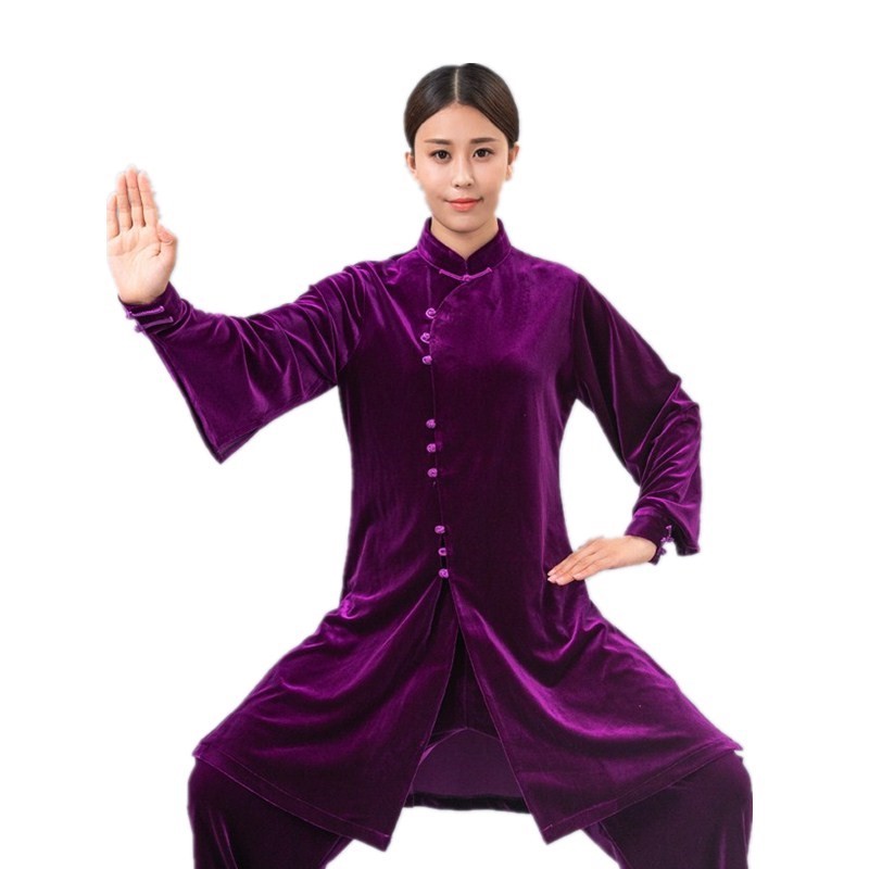 秋冬季太极服女加厚南韩金丝绒中长款中式武术练功表演服装中老年