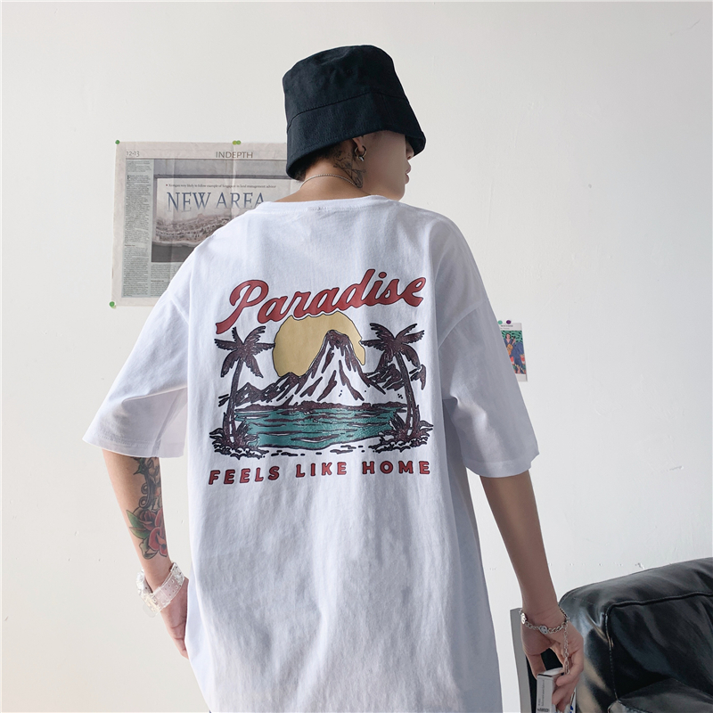 夏季潮牌印花短袖t恤男宽松港风圆领五分袖ins百搭个性半袖体恤衫