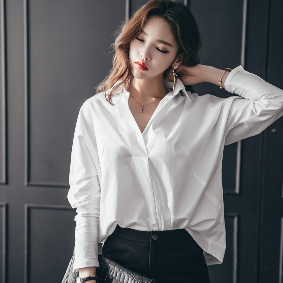 韩国百搭白衬衫女纯棉长袖韩版甜美白色清新韩范宽松v领白衬衣女