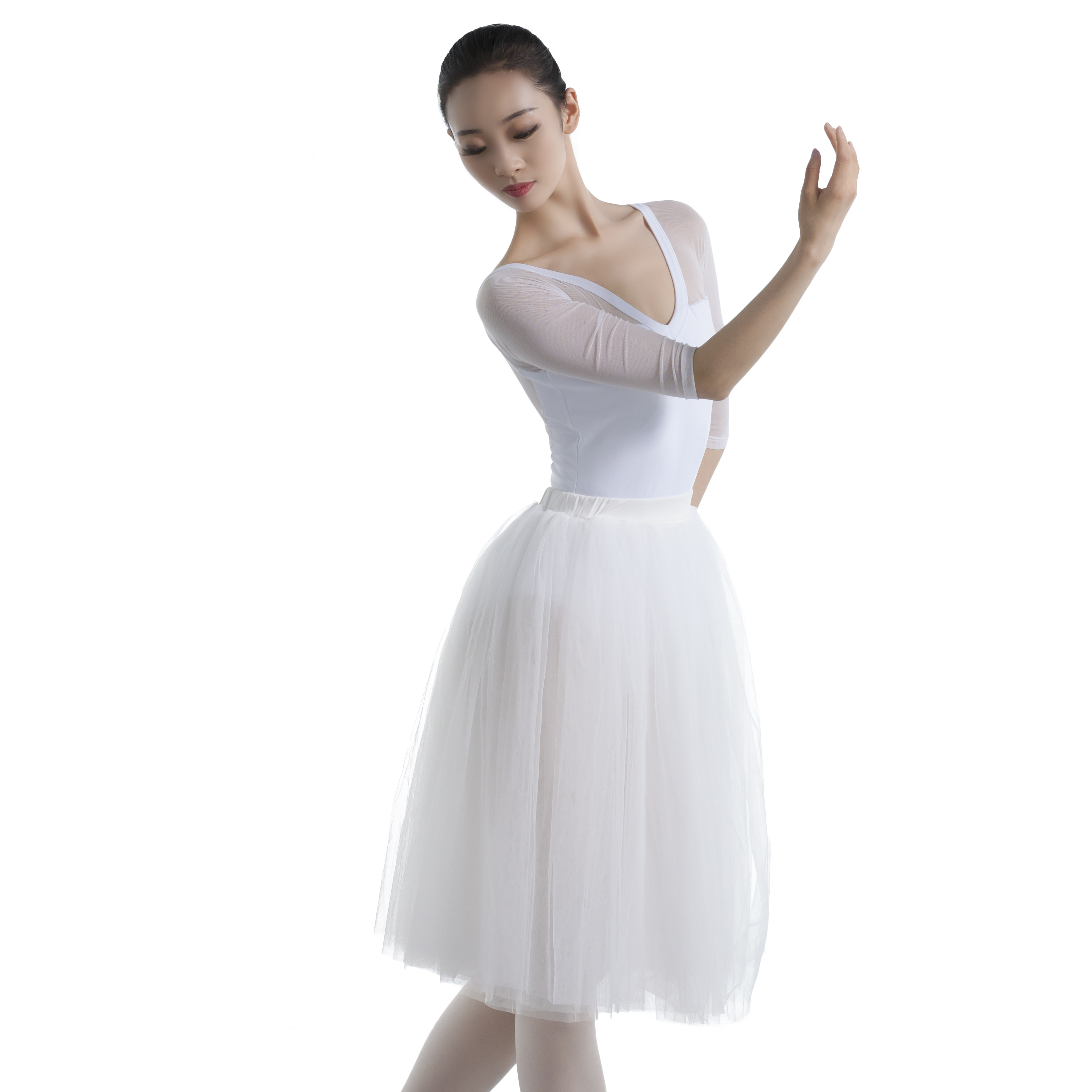 2021新款 春秋七分袖 白色v领空中瑜珈舞蹈服 芭蕾形体健身服 包邮