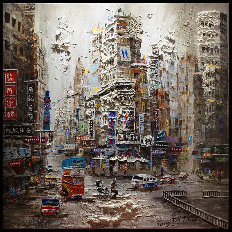 手绘油画上海街景城市复古怀旧工业咖啡客厅现代装饰画