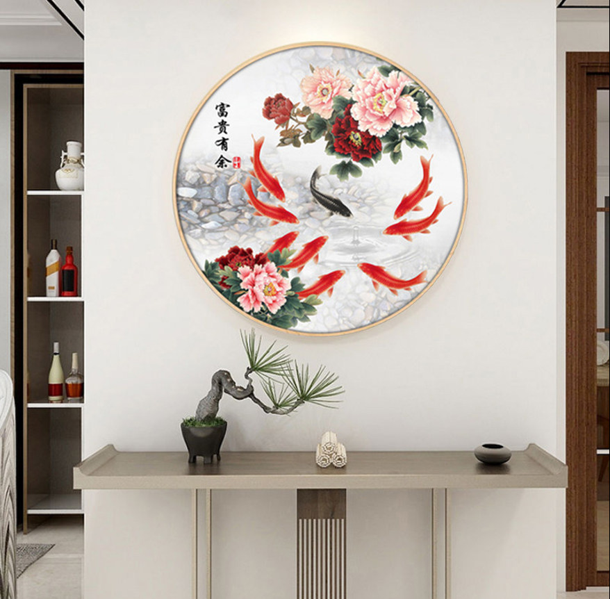 新中式壁画圆形招财风水九鱼荷花国画餐厅挂画现代装饰画