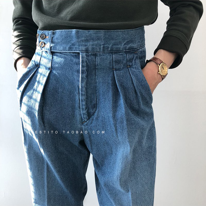 韩国代购 秋季男士新款意式高定风巴黎扣调节中高腰小直筒牛仔裤