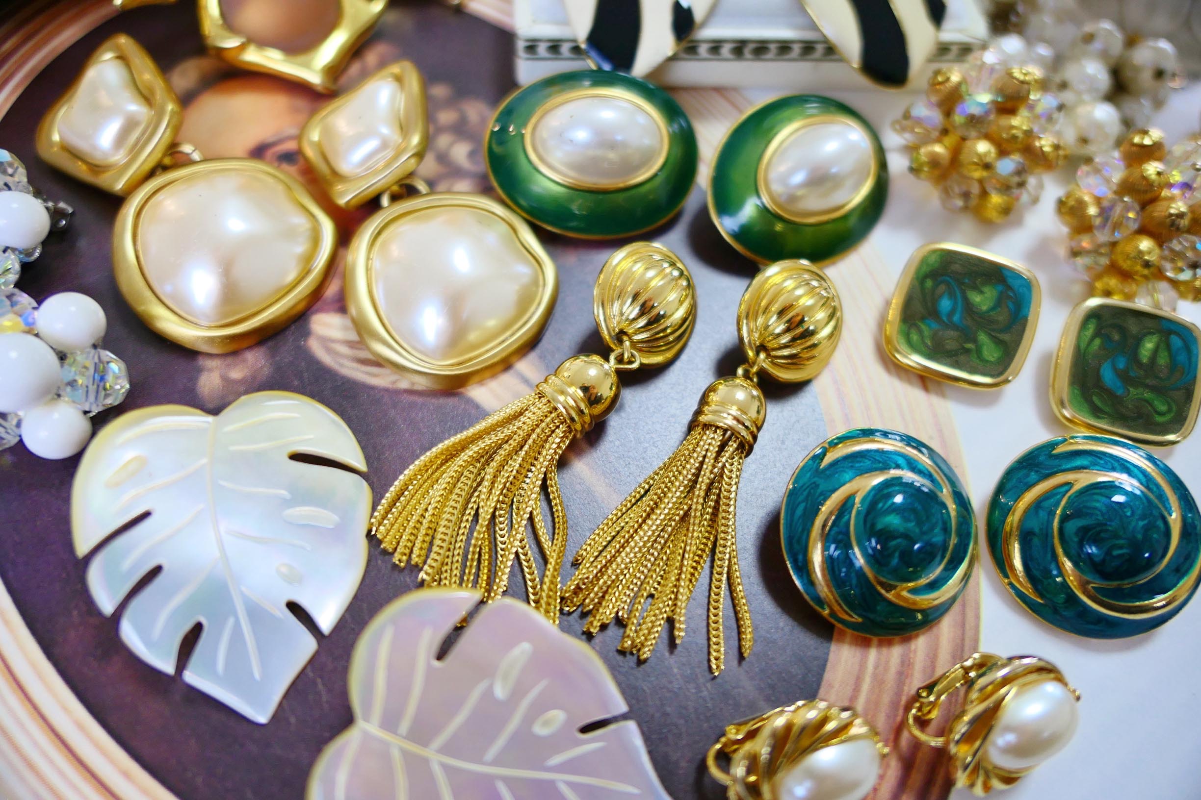 vintage西洋古董首饰舶来品镀金珍珠中古耳夹