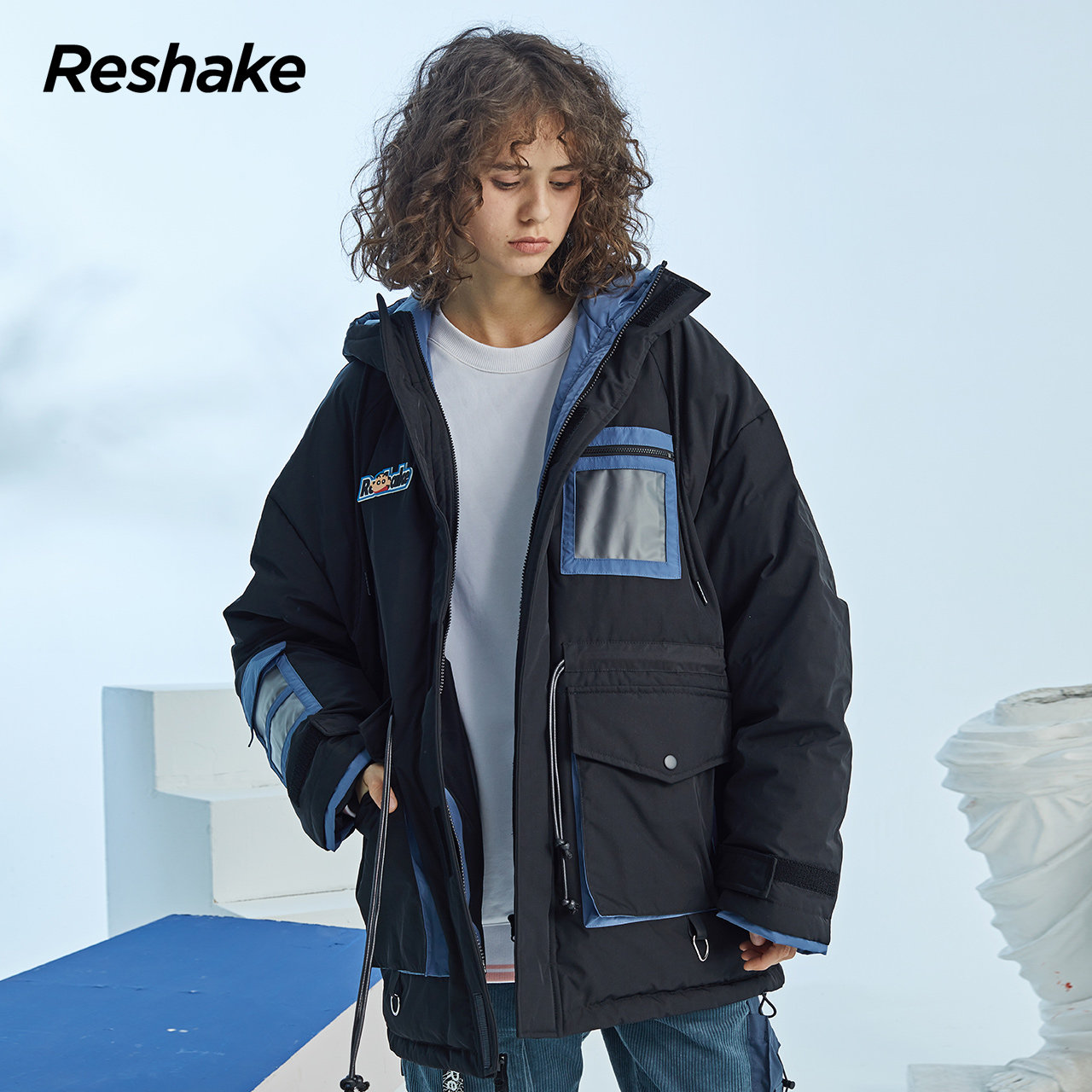 reshake潮牌新款笑脸羽绒服男印花白鸭绒保暖防风羽绒服