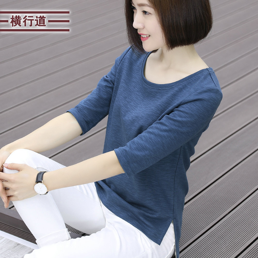 女装 t恤中袖2018竹节棉七分袖宽松女7分袖打底衫女士早春上衣纯棉大