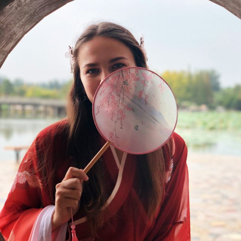 古风仙子手持 仿真丝半透明长柄团扇古风扇子汉服扇