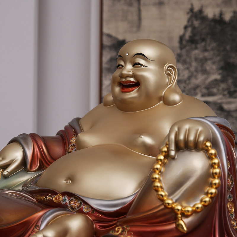 纯铜彩绘弥勒宽体笑佛大肚布袋菩萨家用开业摆件