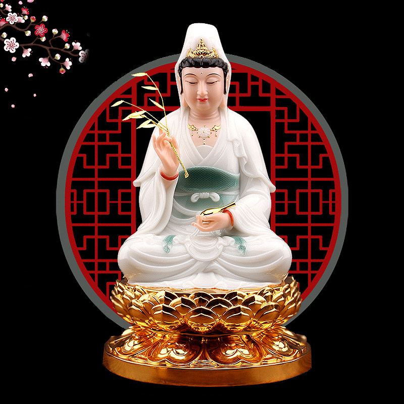 佛像汉白玉笑脸观世音菩萨金镶玉娑婆三圣居家观音摆件