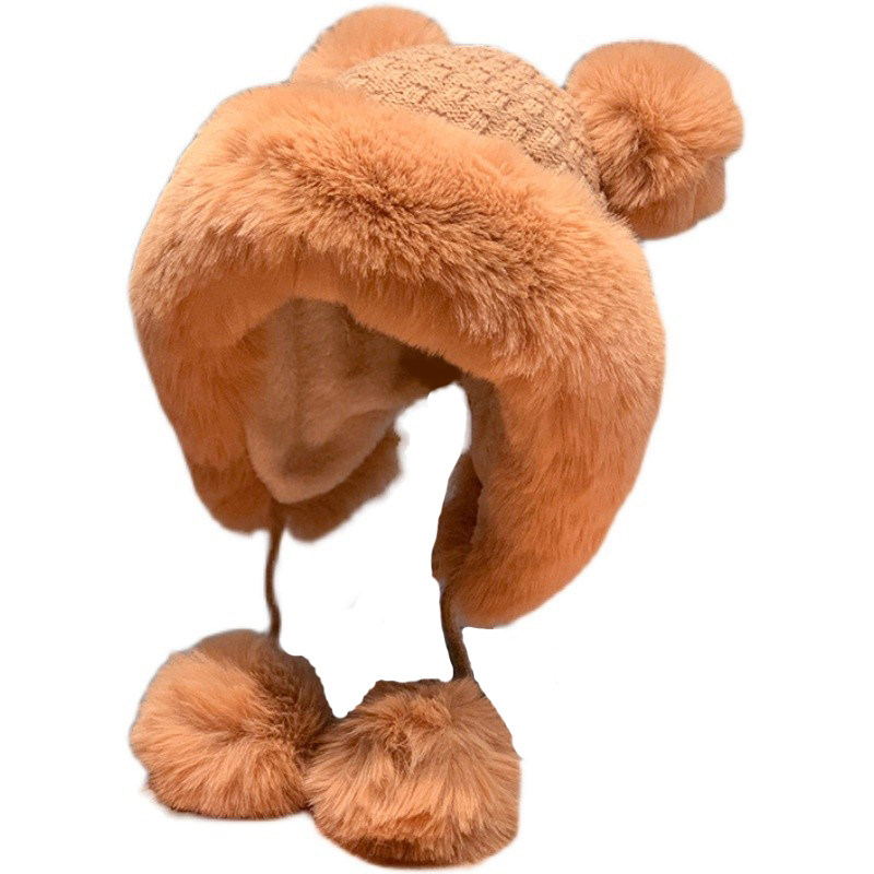 韩版可爱毛球耳朵毛绒帽女冬季加绒保暖套头帽针织护耳东北雷锋帽