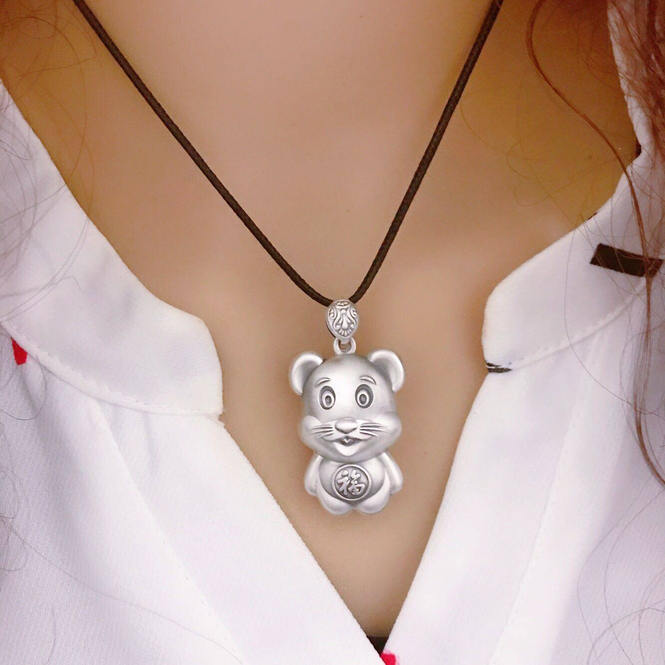 生肖小老鼠吊坠足银复古手工空心立体升官发财福鼠项坠