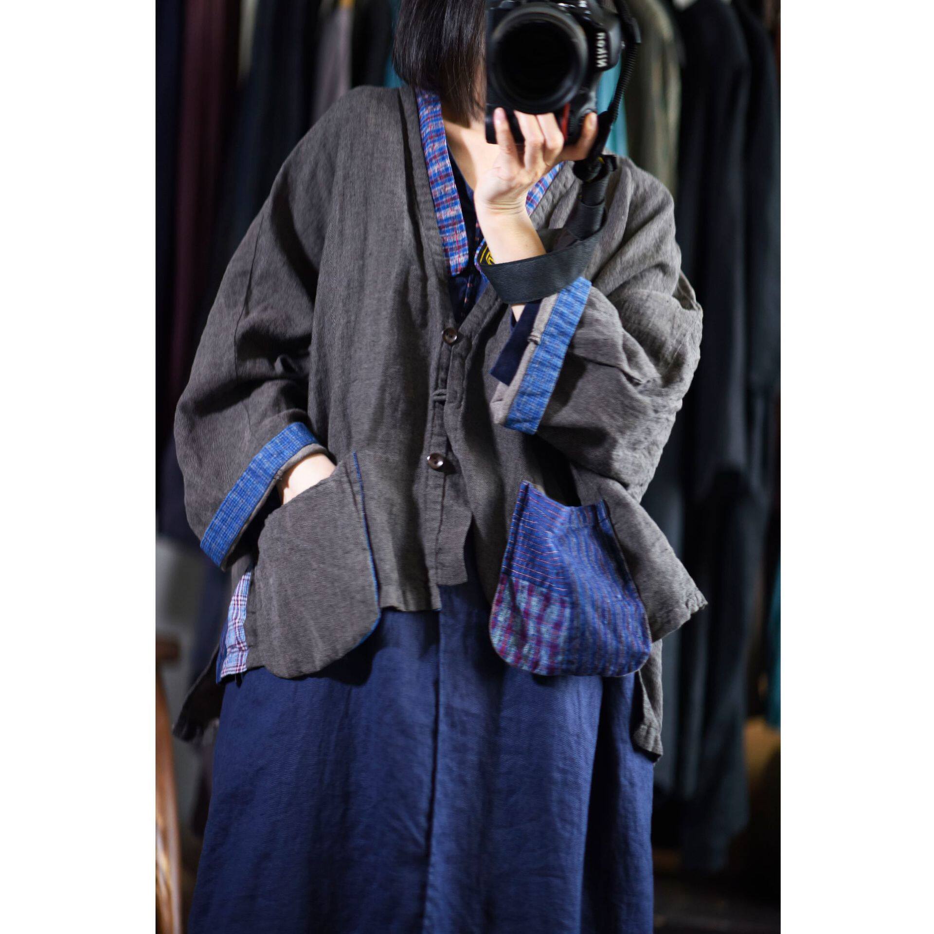 集物原创亚麻棉古老布蓝染拼色开衫短外套改良短外套