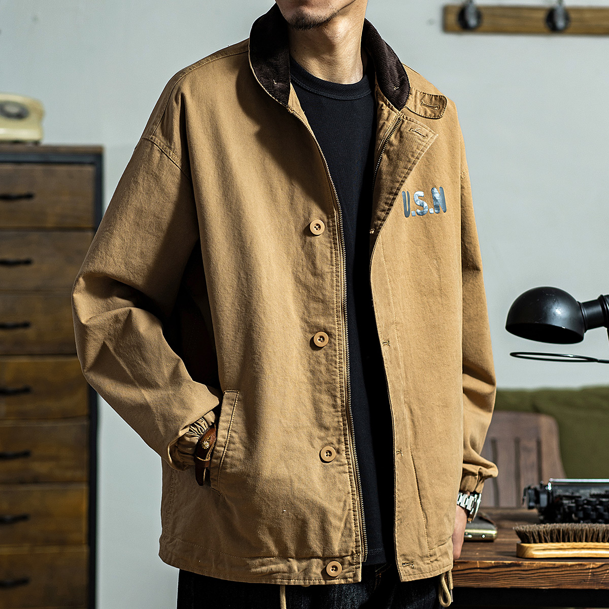 上弹工装 春季海军甲板服灯芯绒猎装夹克外套男加绒加厚棉衣