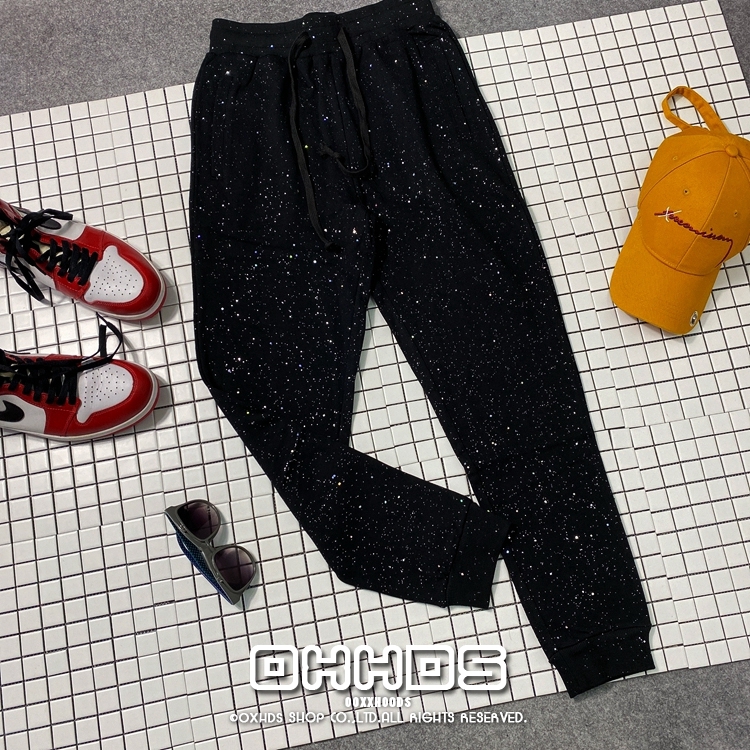星空碎片闪亮全身bling休闲裤子ins弹力束腰帅气有型纯棉束脚长裤