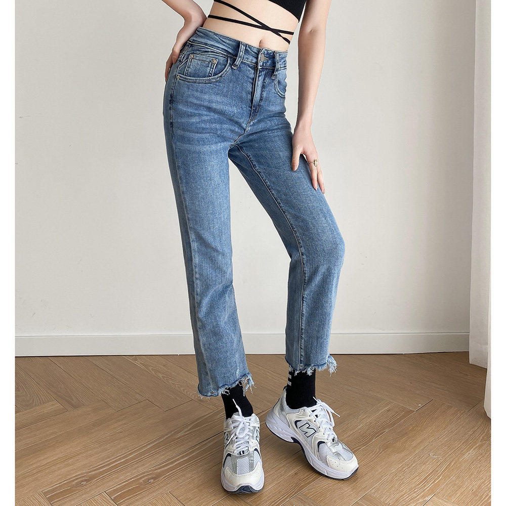 直筒牛仔裤四季简约百搭高显高腰弹力毛边基础牛仔裤