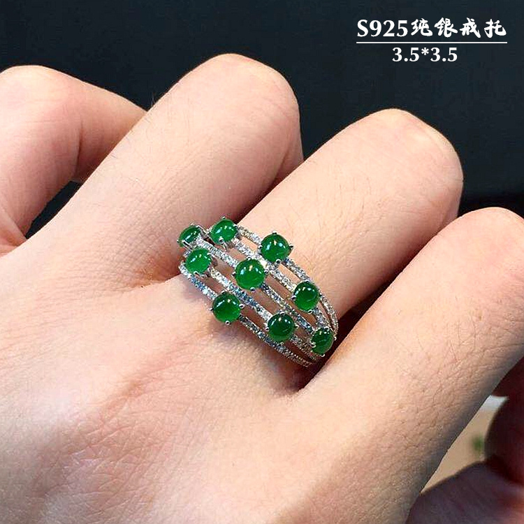 s925纯银戒指空托时尚女款群镶翡翠蛋面圆形戒指