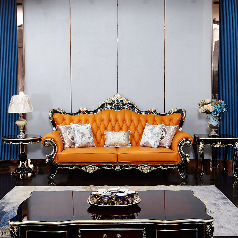新款欧式实木真皮沙发奢华大户型客厅新古典家具123组合雕花沙发 - 驰