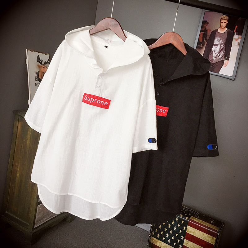 夏连帽五分袖亚麻男t恤加肥加大码短袖潮胖宽松半袖七分棉麻体恤