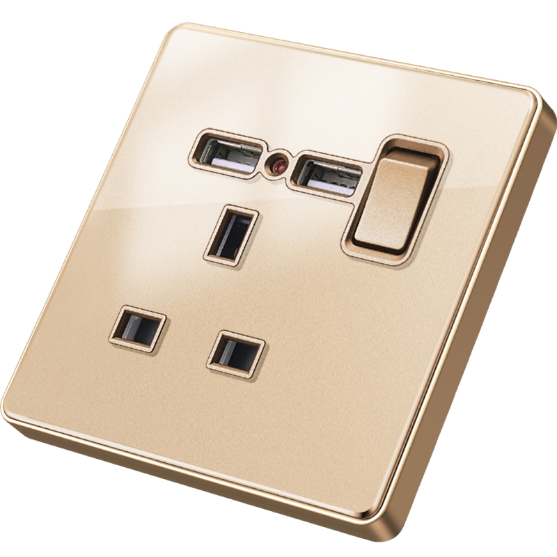 镜面香槟金港版usb13a英式插座双插灯冷气灯曲家开关插座套装