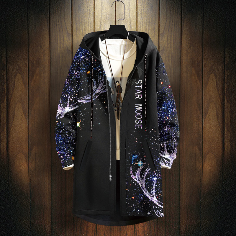 秋季风衣外套男士连帽衣服潮牌小鹿鹿头印花风衣